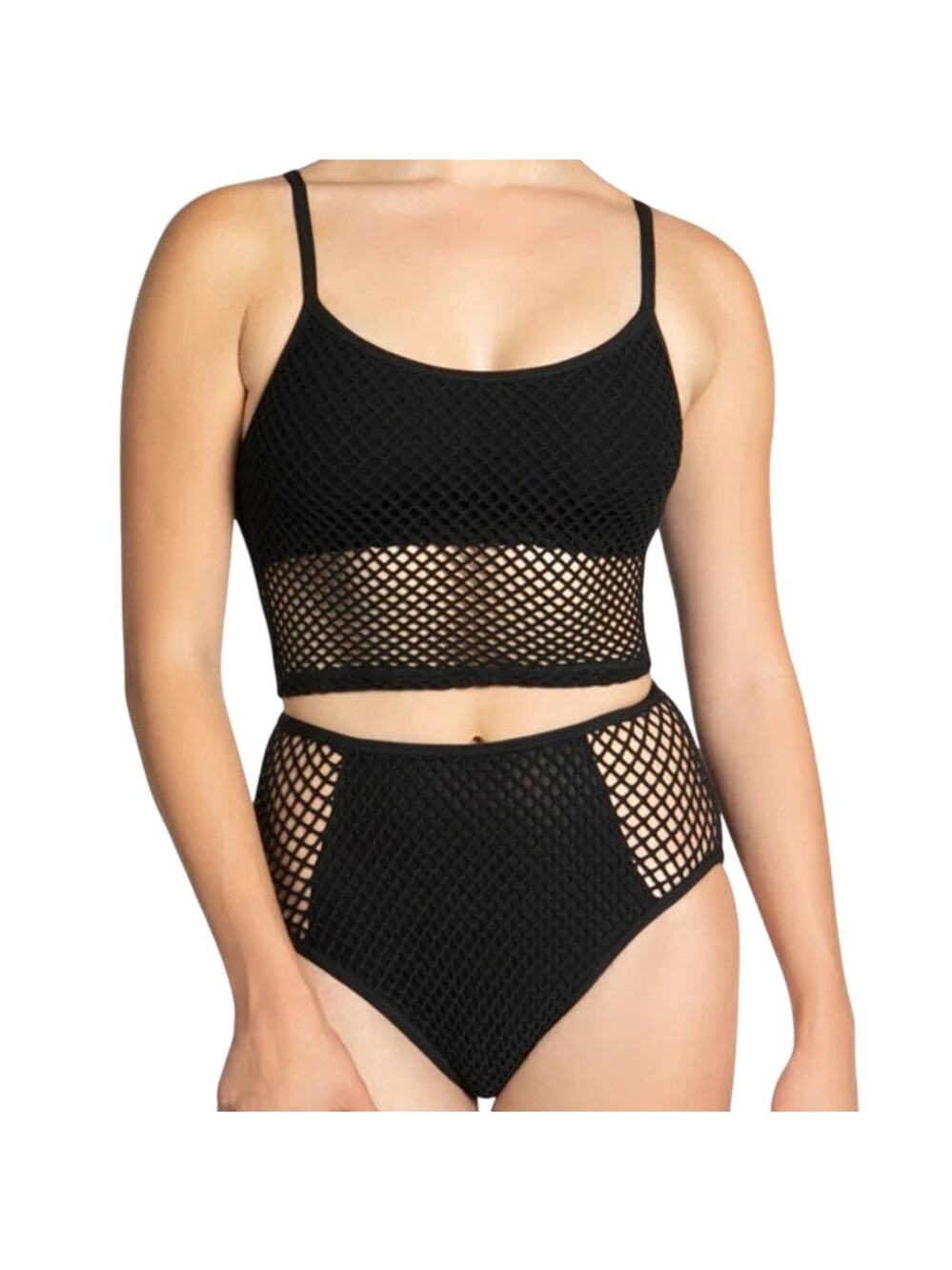 Refuge Swim Bikini Set Mesh Overlay Cami Top & Matching High Waist Bottoms Sz S